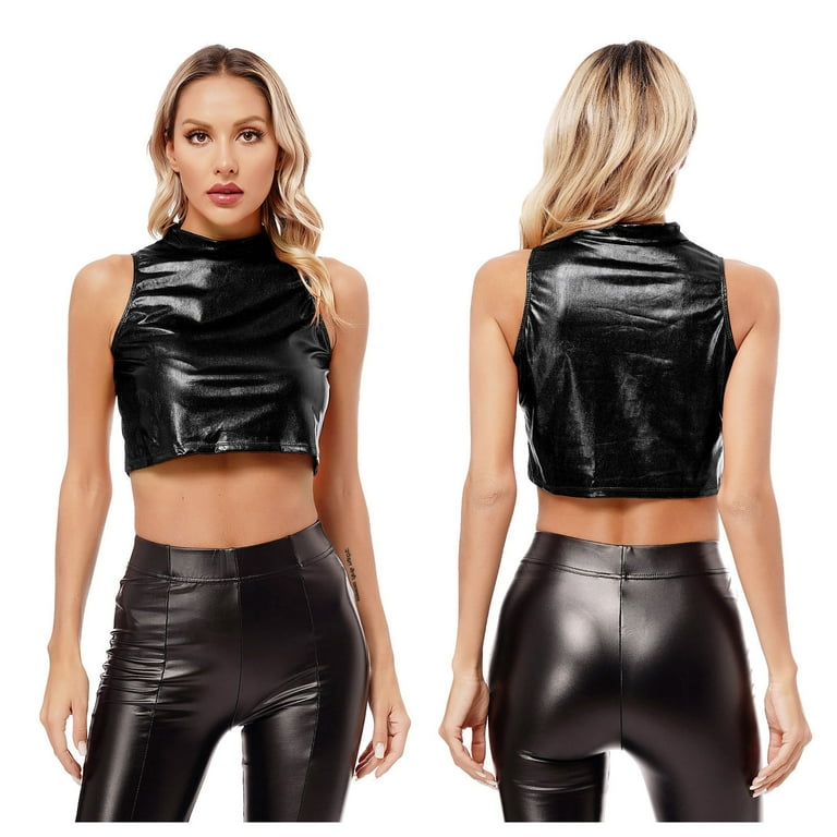 Yeahdor Womens Shiny Metallic Faux Leather Crop Top