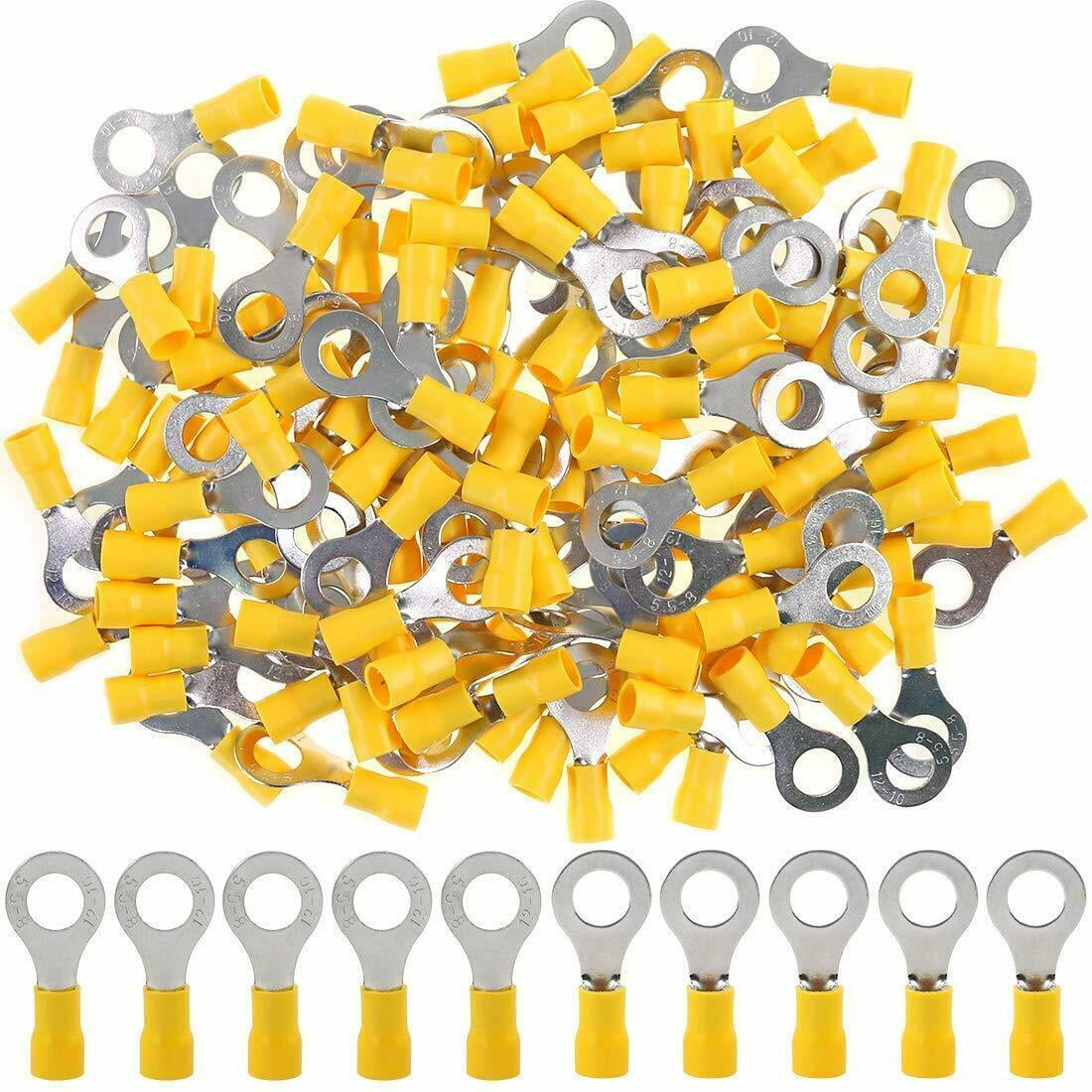 100pcs Yellow Insulated Crimp Ring Terminals Connectors Various Stud Size 