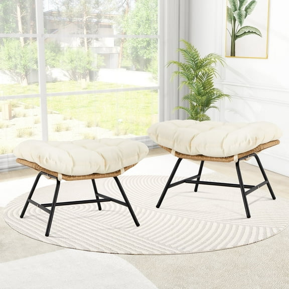 RADIATA 2Pcs Footrest Stool for Egg Chair Outdoor, Boho Portable Comfy Ottoman with Thick Cotton Cushion Padded Sofa Stool with Metal Frame for Lazy Chair, Living Room & Bedroom, Beige