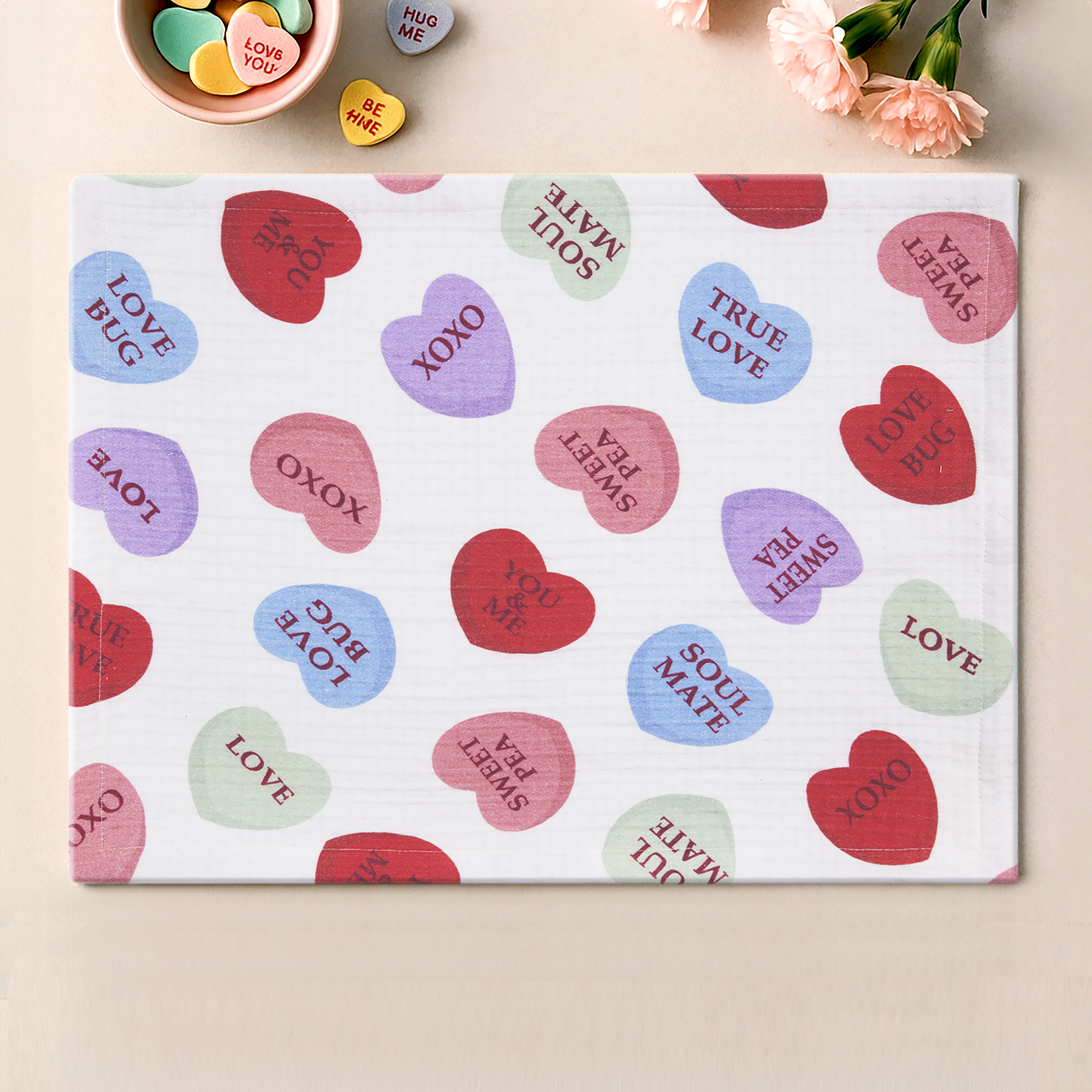 Conversation Hearts 4 Pack Table Placemat Set - 14" x 19" Each - 100% Cotton, Multi-color