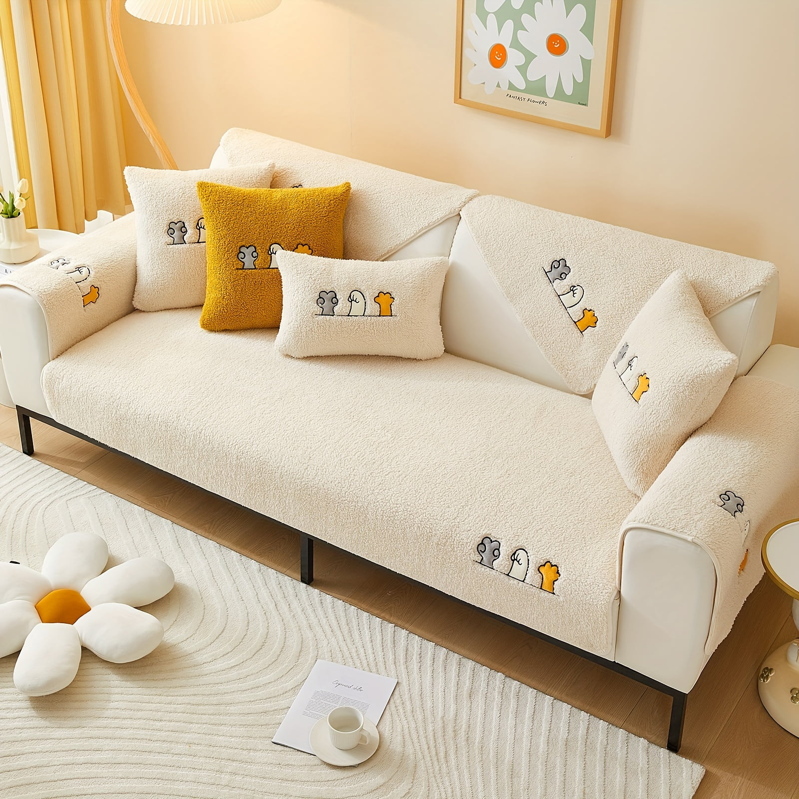 Unbrand 1pc Sherpa Sofa Slipcover Dog Friendly Sofa Couch Cover Plush Seat Cushion Protector Fuzzy Non Slip Sofa Slipcover Furniture Protector For