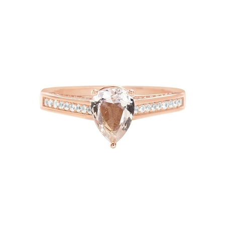 Gold Teardrop Ring - Simulated Morganite & Cubic Zirconia Teardrop Ring in Rose Gold over Sterling Silver