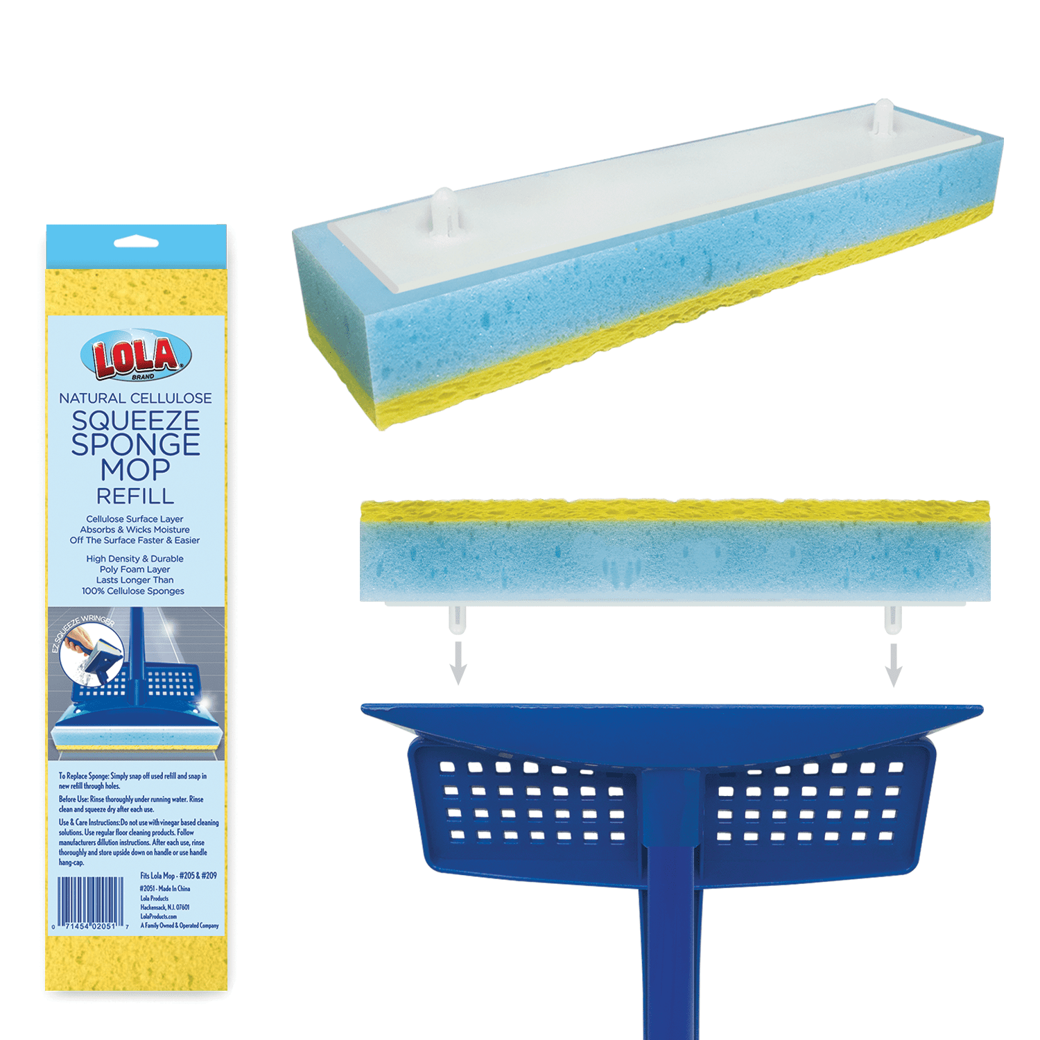 Lola Natural Cellulose Squeeze Sponge Mop Refill | Absorbs and Wicks Moisture | Tile, Linoleum and Hard Surface Cleaner | Economical and Washable 9” Head