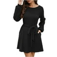 thumbnail image 1 of Robe Chandail en Tricot pour Femmes Col Rond Manches Longues Pulls Taille Nouée Décontractée Ample Automne Mini Robes avec Poches, 1 of 4