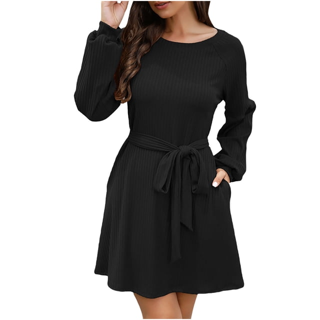 Robe Chandail en Tricot pour Femmes Col Rond Manches Longues Pulls Taille Nouée Décontractée Ample Automne Mini Robes avec Poches