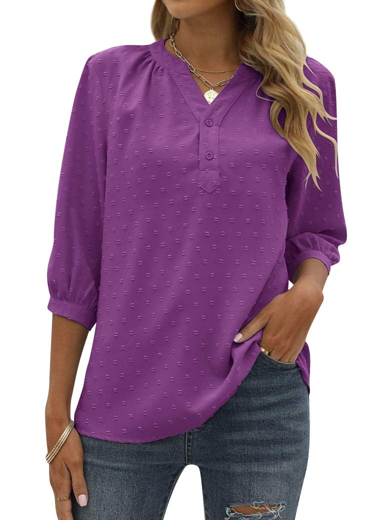 ZXZY Women Swiss Dots Henley Neck Button Up 3/4 Sleeve Blouse - Walmart.com