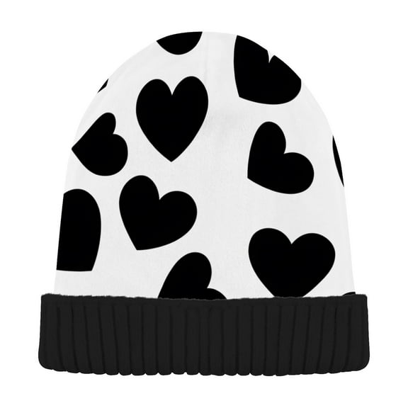 joogoo Black Heart Pattern Beanie Hats Men Women Cuffed Skull Cap Winter Warm Knit Thick Beanies