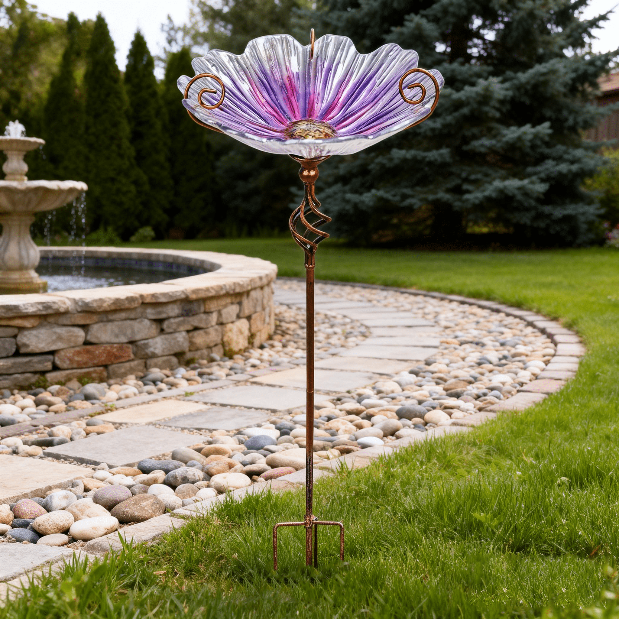 Outdoor Bird Bath,Flower-Shaped Glass Bird Bath, Metal Stand,Decorative Outdoor Garden Bird Feeder for Attracting Birds,Purple