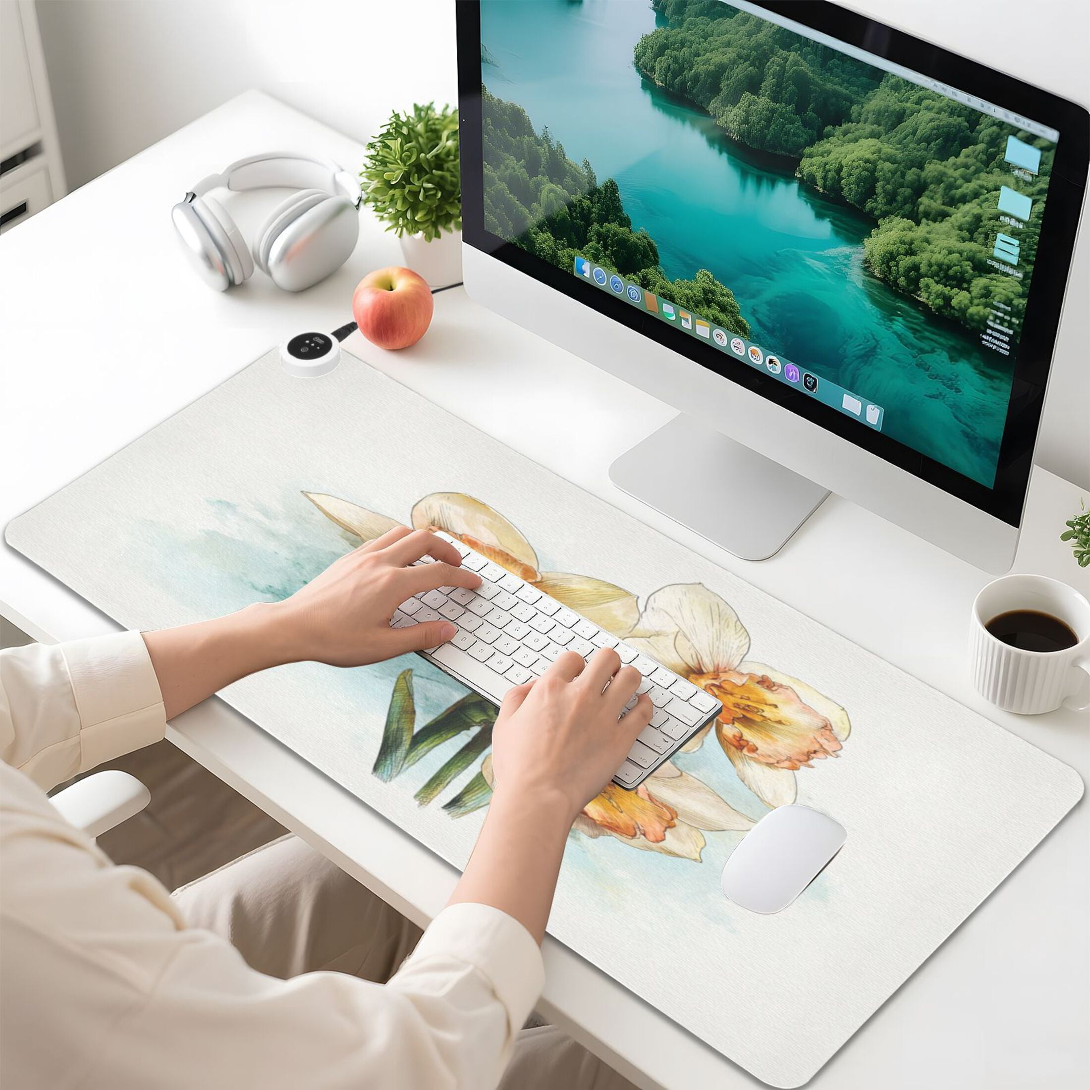 Large Heated Desk Mat Mouse Pad 31.5"x13"PU Leather Graphene Heating Desk Warmer with 3 Temperature Settings 110V US Plug Non-Slip Warm Pad for Home, Office, and Gaming Soft Bloom Trio Pattern