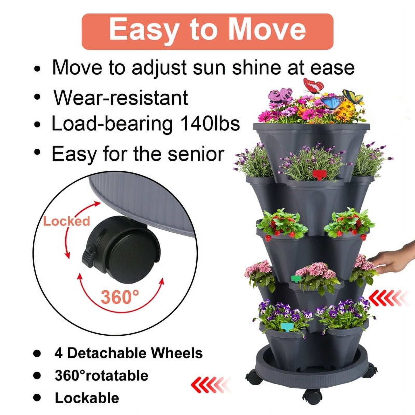 2Pack 5 Tier Vertical Garden Stackable Planter With Accessories for Vegetables, Flowers, Herbs, Succulents, Microgreen Gardening - Dark Gray