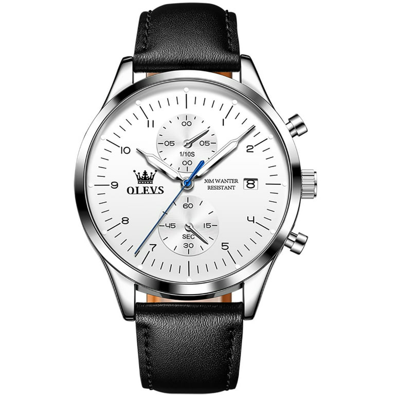 Olevs Leather Watches for Men Fashion Watch Men Waterproof Chronograph Wristwatch Quartz Stainless Steel Men's Watch Easy Read Business Dress Mens