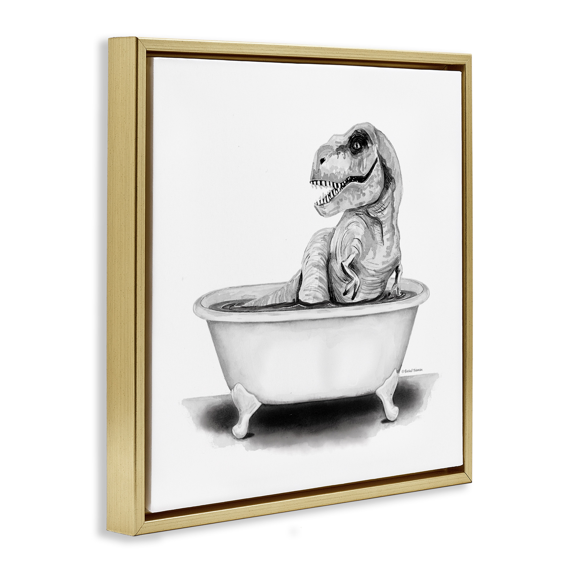 Stupell Industries Funny T-Rex Bathtub Washroom Animals & Insects Painting Gold Floater Framed Canvas Art Print Wall Art, 25 x 25