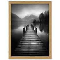 Lake Pier Mountain Landscape Black and White Photo Artwork Framed Wall Art Print A4