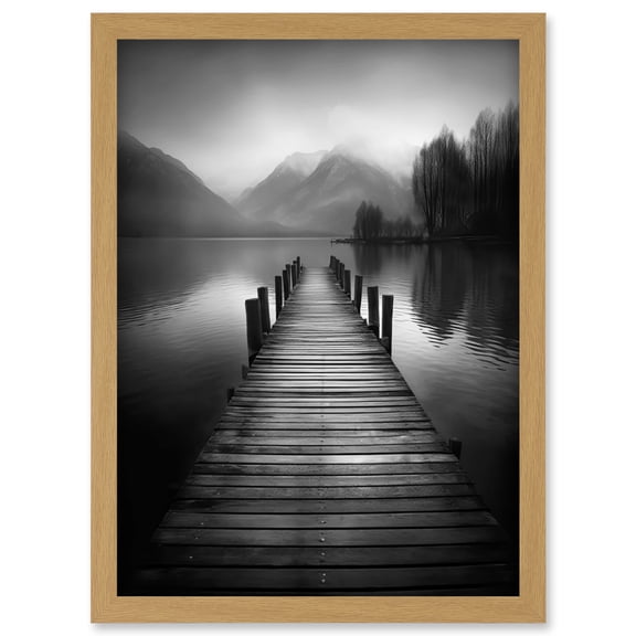 Lake Pier Mountain Landscape Black and White Photo Artwork Framed Wall Art Print A4
