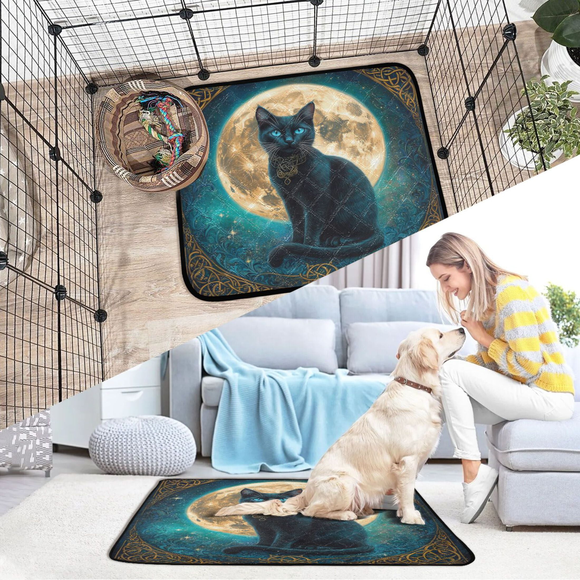 Qxltty Black Cat with Full Moon Cat litter Pads Pet Set of 3 Diaper Mats Center Anti-leakage Layer Absorbent Soft and Comfortable