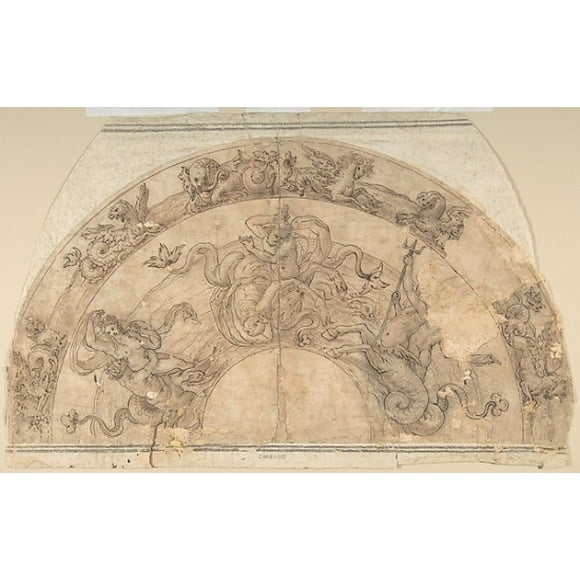 Semi-Circular Design of Battle of Sea Gods with Border of Sea Creatures Poster Print by Anonymous, Italian, late 16th century (18 x 24)