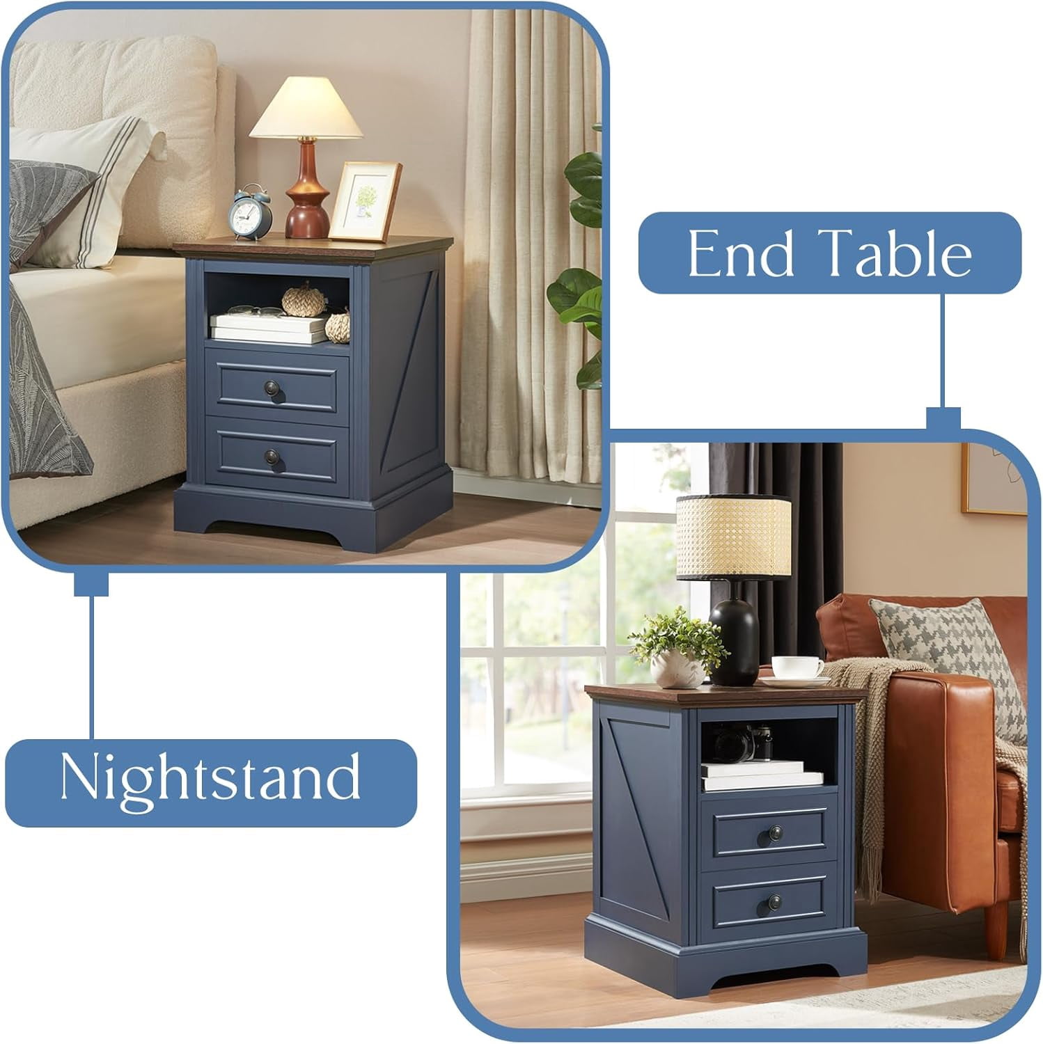 Vecenuy Nightstand with Charging Station, Side Table with 2 Drawers & Open Storage, 18" Retro Bedside, End for Bedroom Living Room, Blue