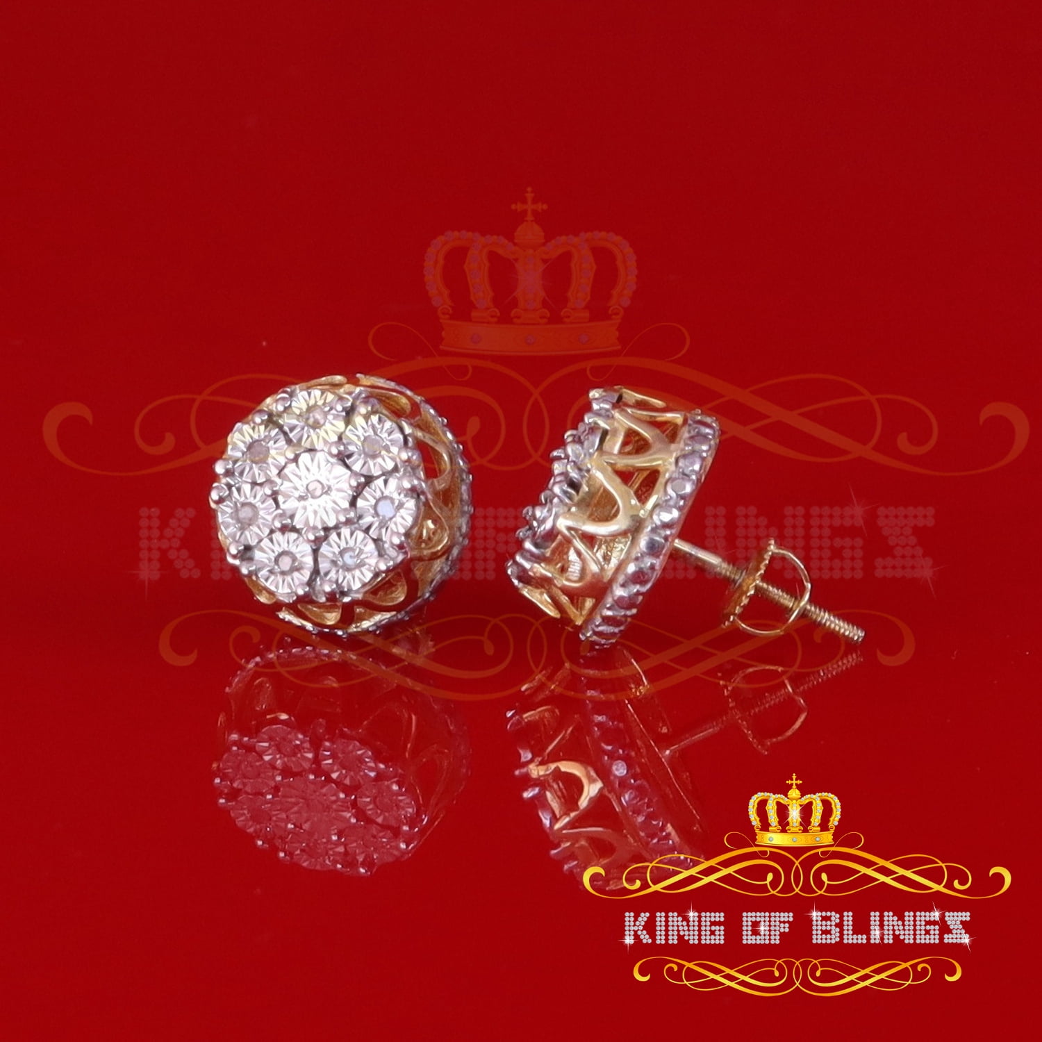 King of Bling's 0.10ct Diamond 925 Sterling Yellow Silver For Men's & Womens Stud Round Earrings