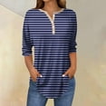 thumbnail image 2 of YUGYXL Casual Henley Shirts for Women Three Quarter Sleeve Tshirts Trendy Striped Blouses Tops Ladies Tunics Tees Dark Blue M, 2 of 5