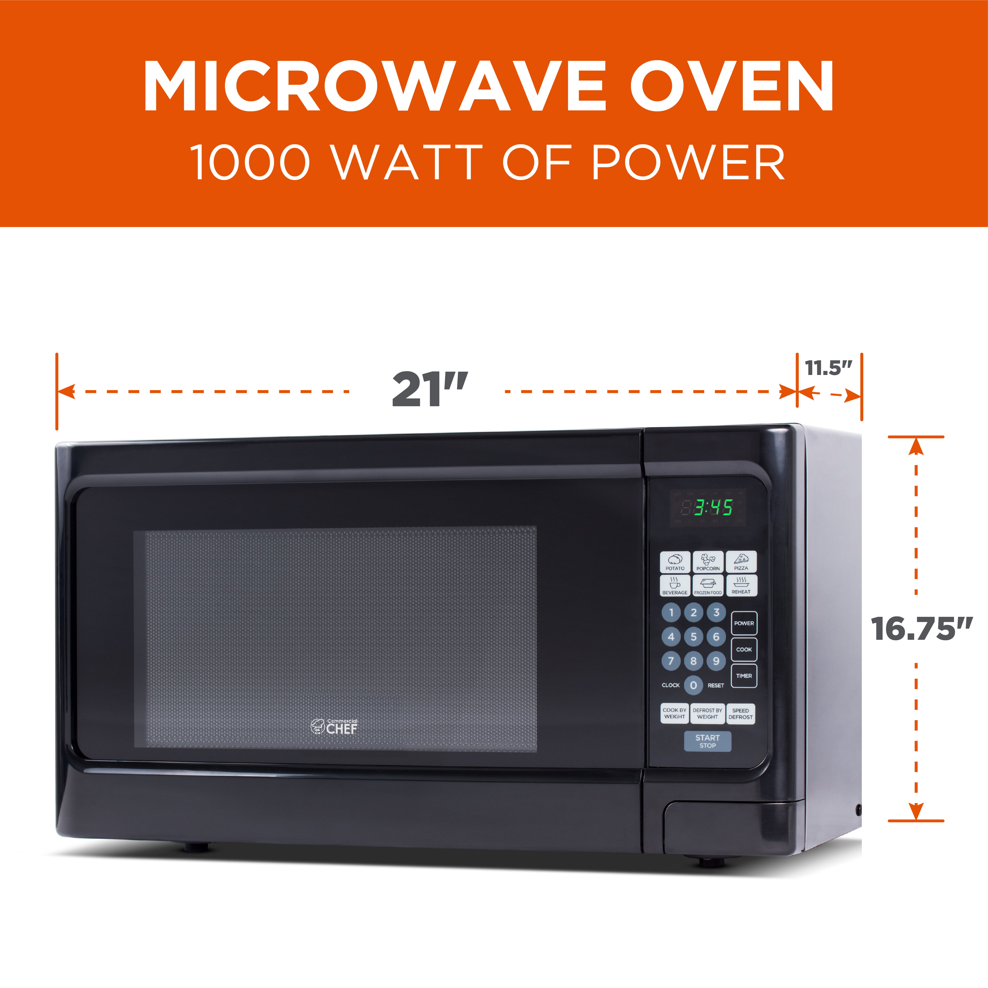 COMMERCIAL CHEF 1.1 Cu Ft Microwave with 10 Power Levels, Small Microwave  with Push Button, 1000W Countertop Microwave with Kitchen Timer, Door Lock