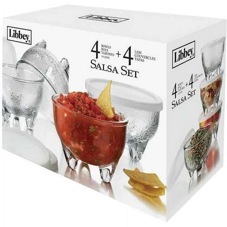 Libbey Salsa Set 4 Glass Bowls 10.8 oz & 4 Plastic Lids 