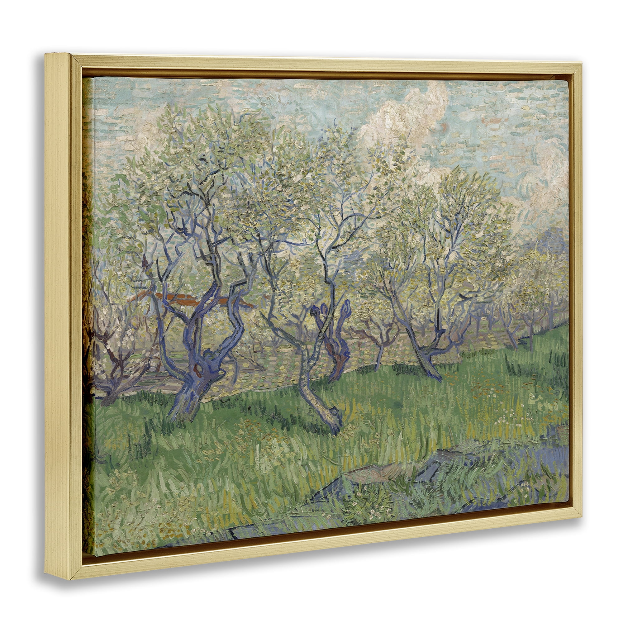 Stupell Industries Classic Van Gogh Blossoming Orchard Landscape & Nature Painting Gold Floater Framed Canvas Art Print Wall Art, 21 x 17