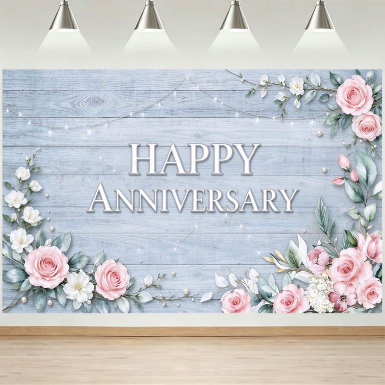 Pink Roses With Perlas 5x3FT Blue Wooden Happy Anniversary Backdrop Pink Rose Pearl ...
