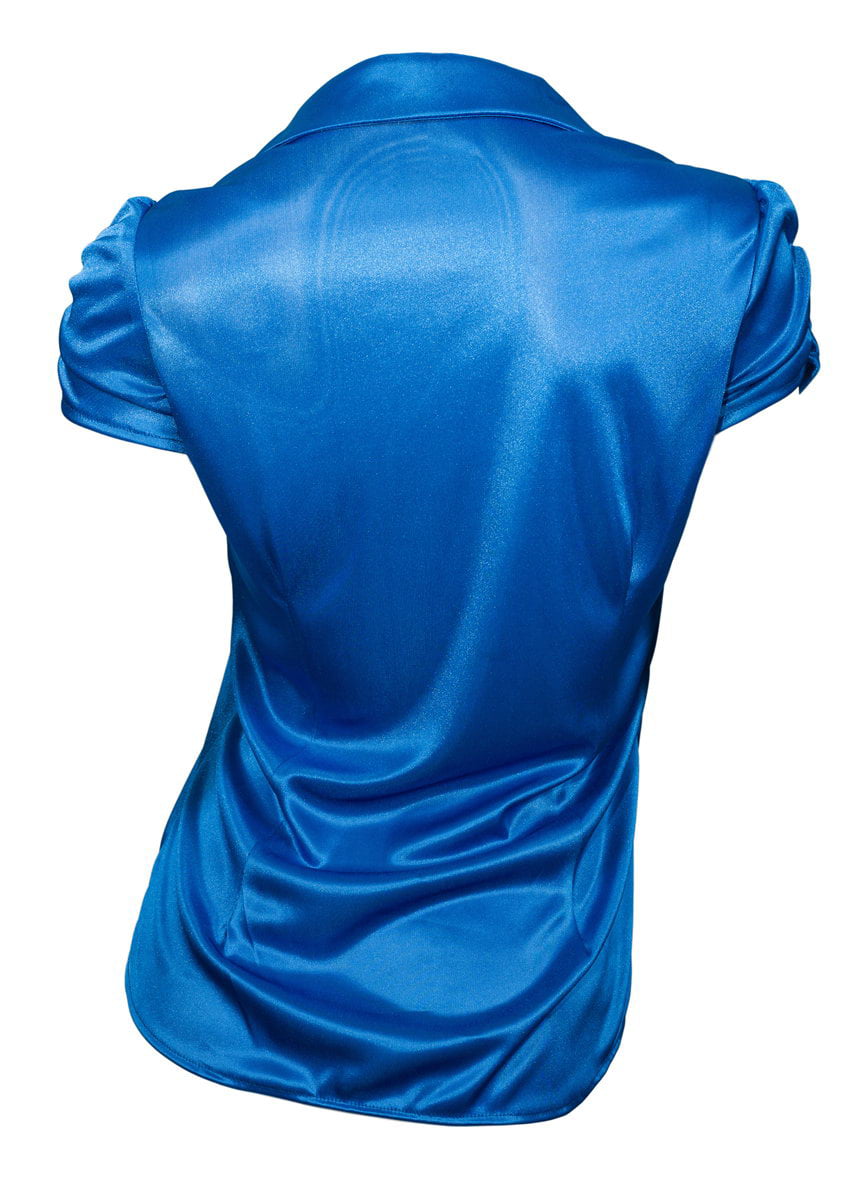 eVogues Plus Size Satiny Button Front Dressy Shirt Blue