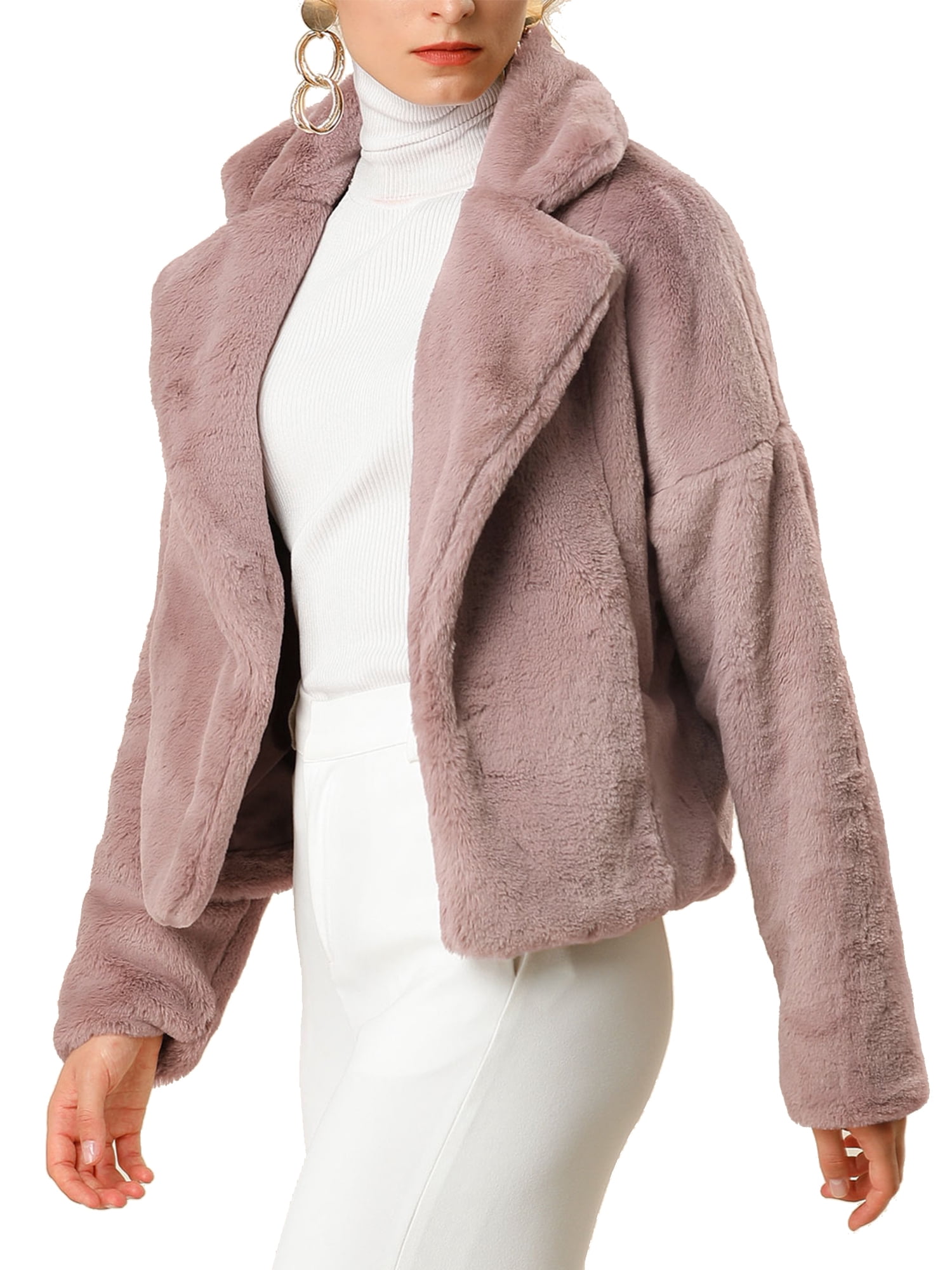 DARING DIVA Women's Cropped Jacket Notch Lapel Faux Fur Fluffy Coat M Dusty Pink