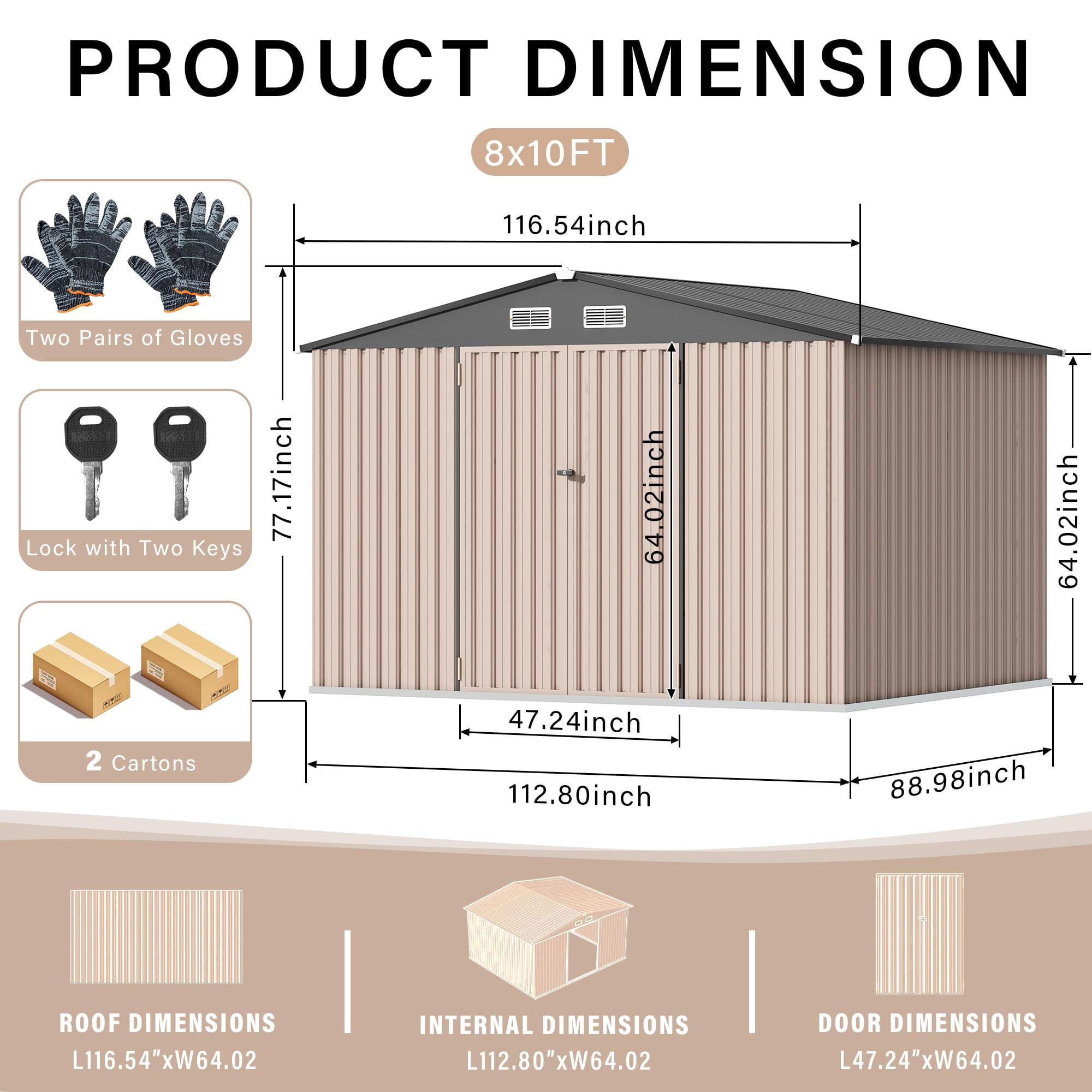 Yeshouse 8' x 10' Waterproof Metal Shed, Outdoor Tool Storage with Metal Base & Locking Doors for Backyard/Patio