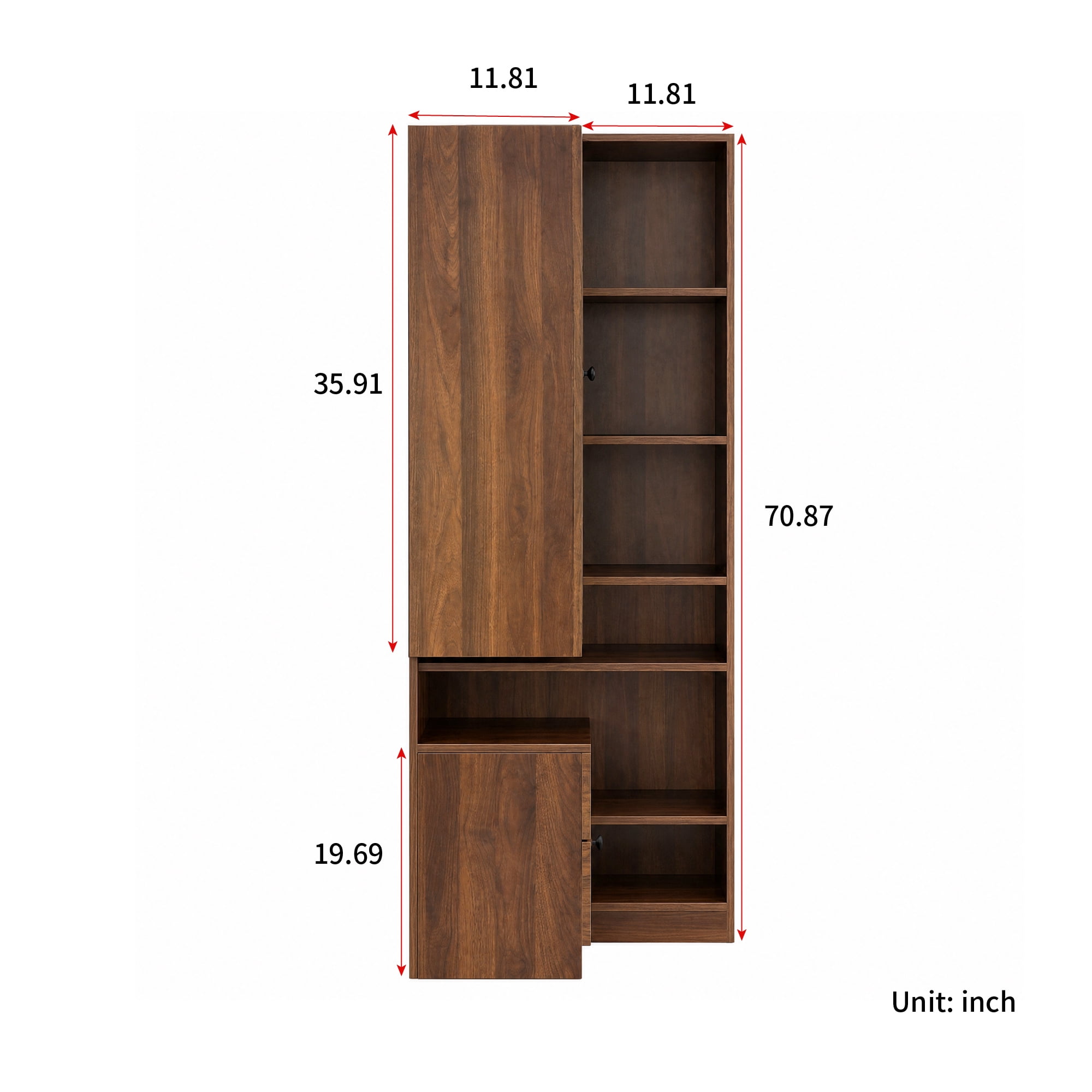 71" Tall Corner Bookshelf with Arched Glass Door, 6-Tier Bookcase with 2 Drawers
