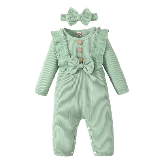 Kucnuzki Infant Baby Girls Bodysuits 12-18 Months Round Neck Ruffle Long Sleeves Romper Fall Solid Color Bowknot One-piece Overalls Autumn Headband Green
