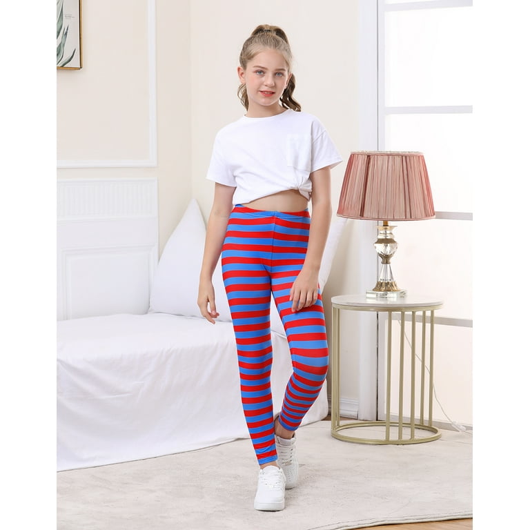 HDE Girl s Leggings Holiday Stretchy Full Ankle Length Striped Tights Red and Blue Stripes 6
