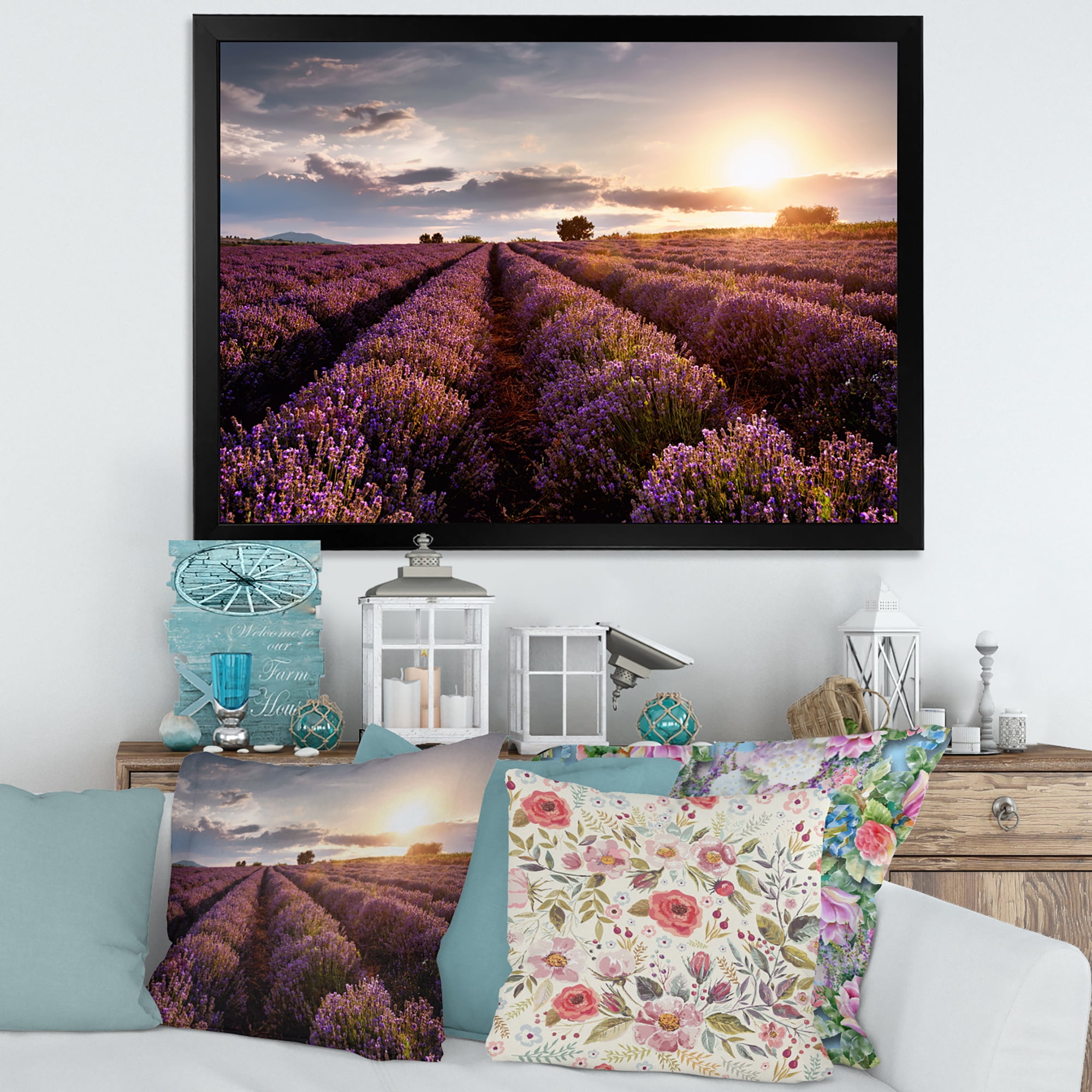 Designart 'Dramatic Clouds and Sunrise Over Lavender Field V' Farmhouse Framed Art Print