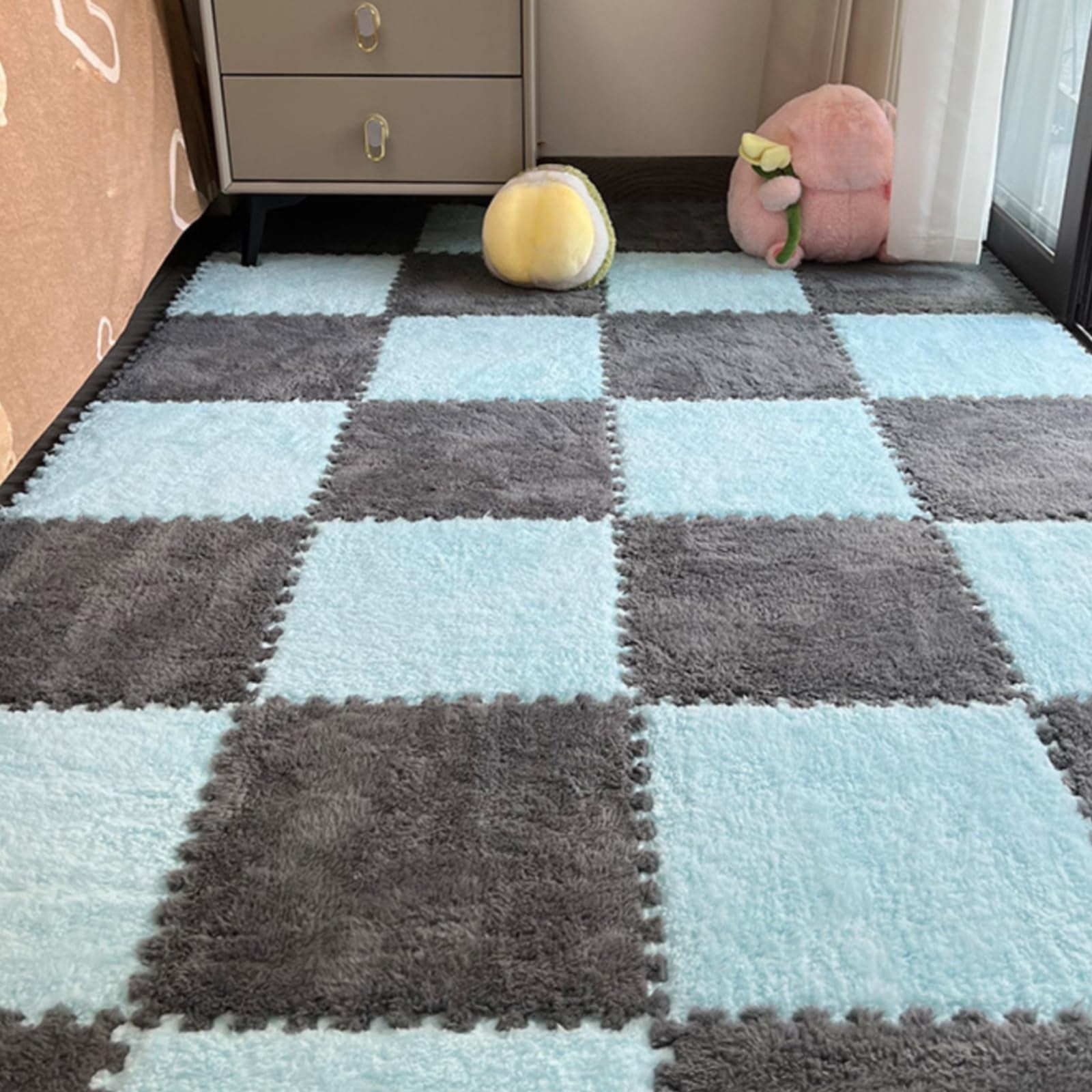10Pcs Plush Foam Floor Mat,Plush Interlocking Carpet Tiles,Anti-Slip Square Puzzle Floor Mat,EVA Foam Area Rugs for Bedroom Playroom