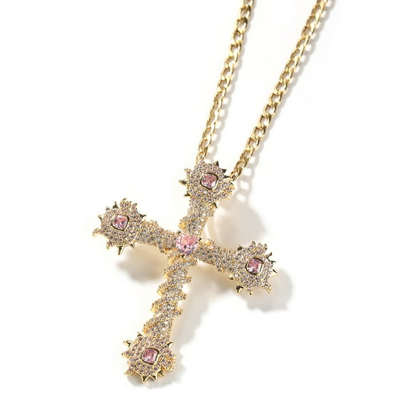 Leander Heart-Shaped Cross Hip-Hop Style Pendant Necklace, Gold-Plated Alloy with Diamonds, Suitable for Men