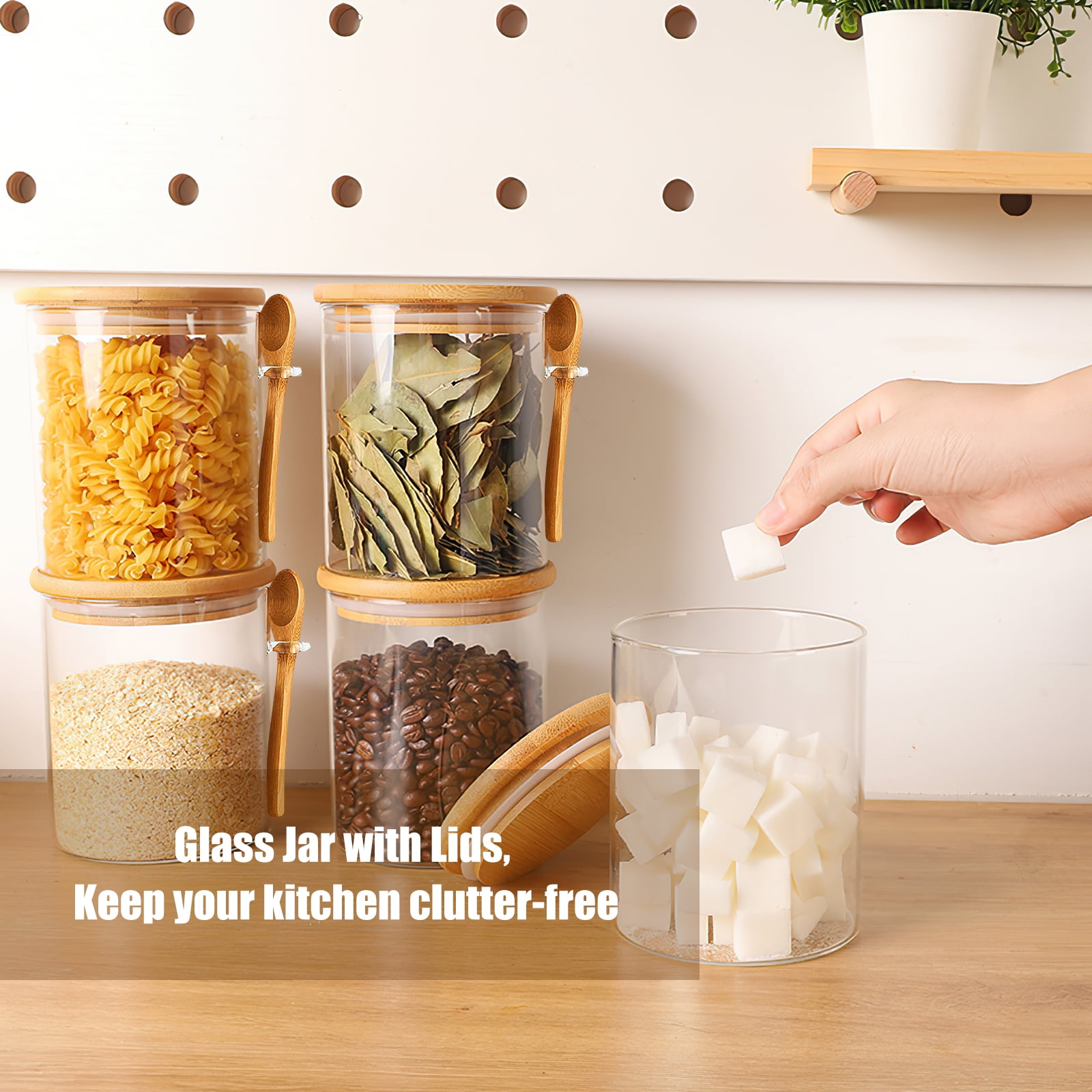 FORHVIPS 6-Pack Glass Containers with Bamboo Lids,18.5Oz/540ML Glass Jars,Glass Food Storage Jars Containers,Kitchen Canisters for Candy,Cookie,Coffee,Sugar,Tea,Nuts