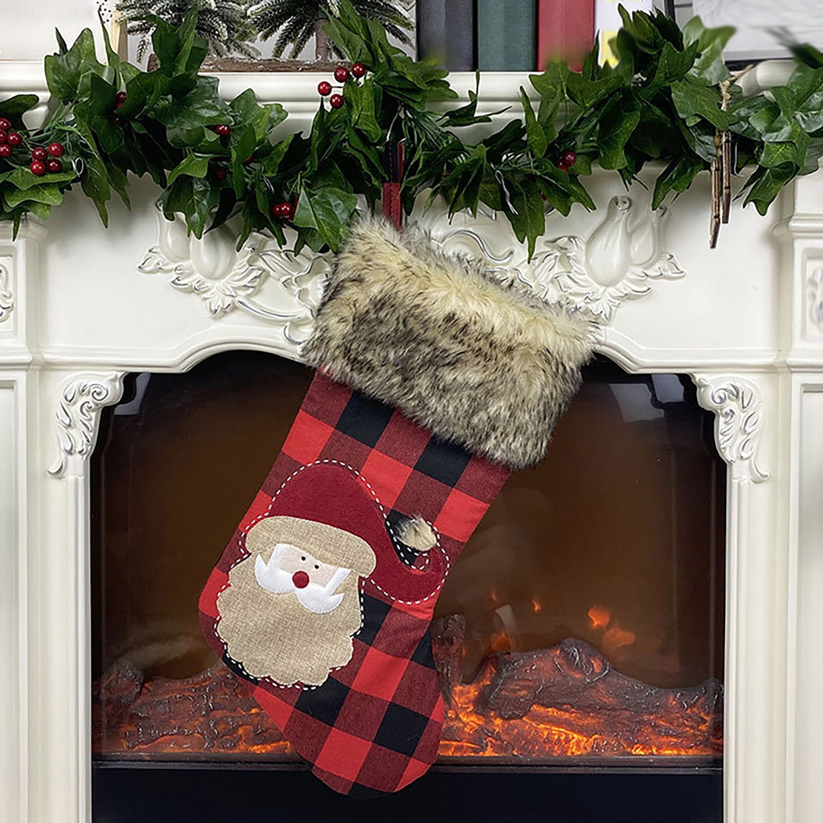 Wall Hangs,Christmas Stockings 4 Pack 18" Big Christmas Stocking Stuffers Snowflake Santa Snowman Reindeer Burlap Plaid Socks With Plush Cuff Candy Socks For Family Holiday Christmas P