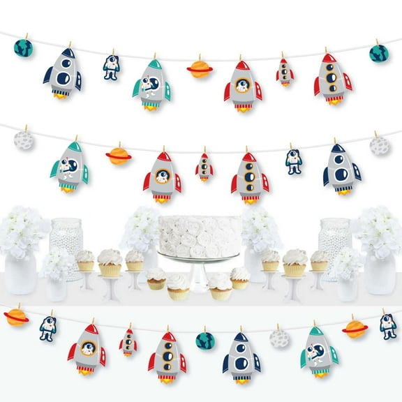 Big Dot of Happiness Blast Off to Outer Space - Rocket Ship Baby Shower or Birthday Party DIY Decorations - Clothespin Garland Banner - 44 Pieces