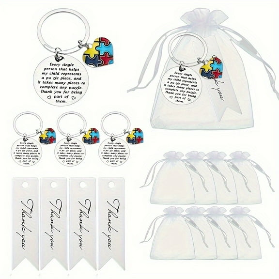 8 Sets Autism Teacher Appreciation Keychains Gift Set with Thank You Cards & Organza Bags, Puzzle Piece Support Gifts for Special Education Teachers, Speech Therapists & Autism Awareness