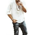 thumbnail image 3 of ZAXARRA Chemises Hippies pour Hommes en Coton et Lin à Manches 3/4 Solides V Hauts de Cou, 3 of 7