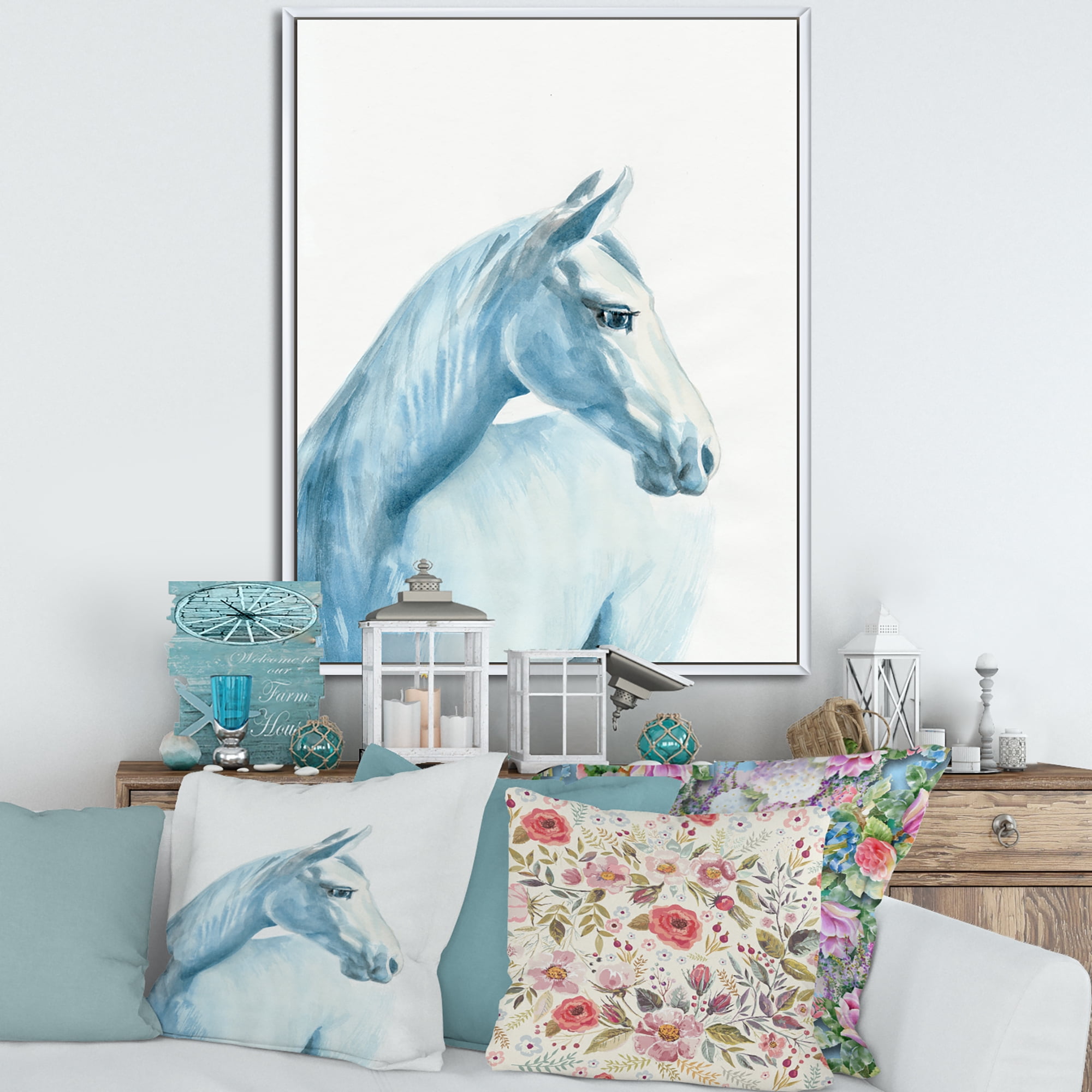 Designart 'Close Up Portrait Of A Light Blue Horse' Farmhouse Framed Canvas Wall Art Print