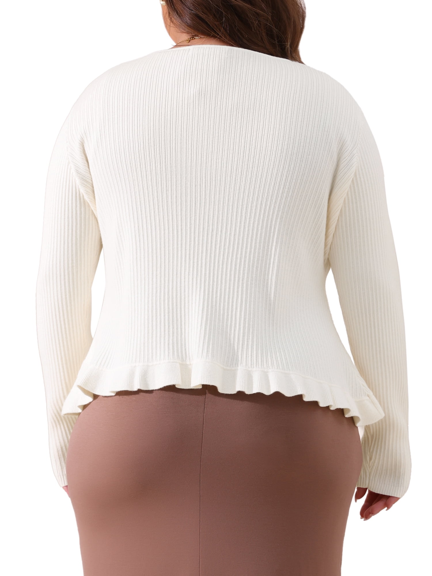 DARING DIVA Plus Size Knit Open Front Ruffled Button Cardigan 1X Beige
