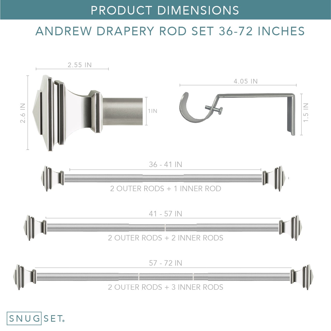SnugSet 1" Nickel Andrew Square Adjustable Single Curtain Rod, 36"-72"