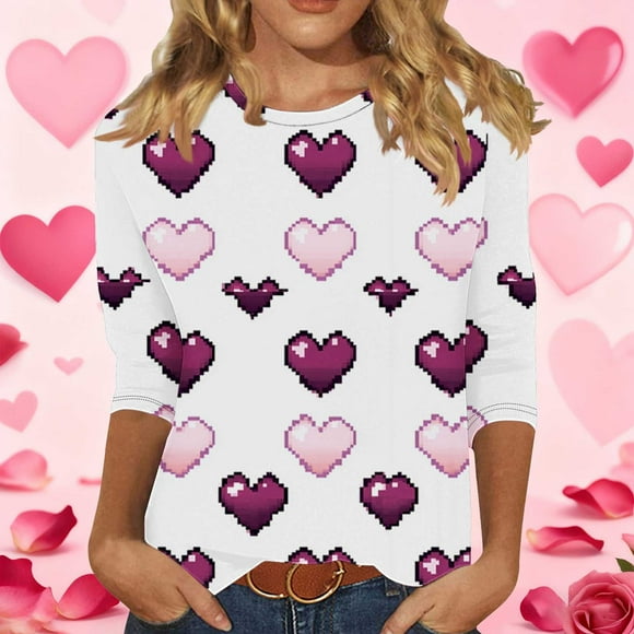 RKSTN Valentines 3/4 Sleeve Tops for Women Oversized Crewneck Valentine's Day Graphic Printed Short Sleeve T Shirt Womens Casual Round Neck Loose Comfy Loves Heart Print Three Quarter Sleeve Shirts