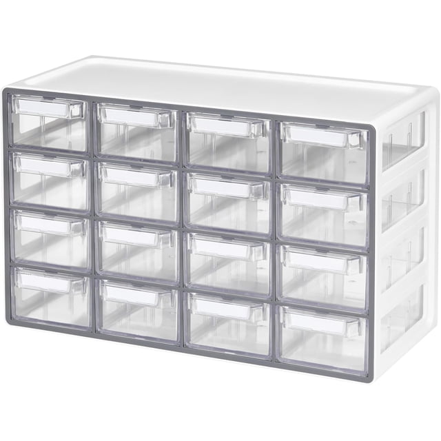 Medium 16 Drawer Storage Organizer Cabinet - Stackable Bead and Craft Storage, Hardware Small Parts Organizer, Teacher Toolbox (Made in Korea) - Grey