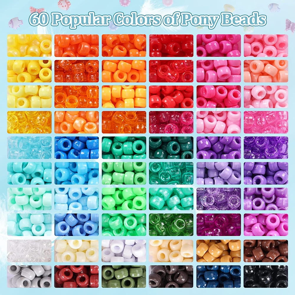 4300pcs, 60 Colors Pony Beads, Christmas Gifts, Crafts Beads for Jewelry Making with Letter Beads, Charm Beads, Smiley Face Fruit Beads and Elastic Strings for Bracelet Necklace Making