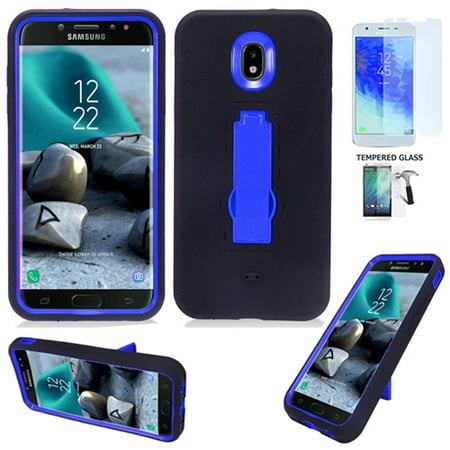 Phone Case For Samsung Galaxy J3 Orbit, J3 Top, J3 Mission-2, J3 3rd Gen, J3 Achieve, J3 Star, Express Prime 3, J3-2018 Tempered Glass (Armor Black-Blue Stand/ Tempered (Best Case For Galaxy S Iii)