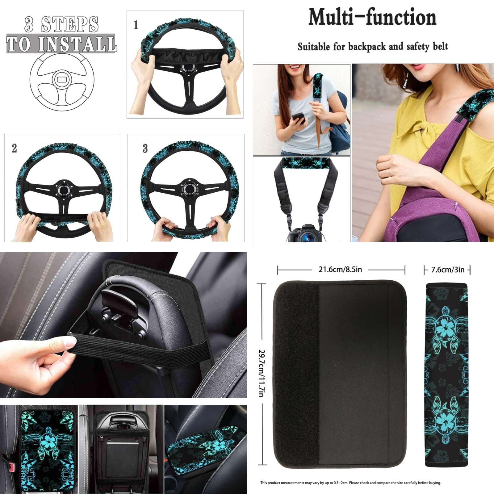 Jeiento Sea Turtle Auto Accessories Set Car Seat Cover Protector Car Floor Mats Steering Wheel Cover Seatbelt Shoulder Pad Armrest Cover Coasters Lipstick Holder Keychains 17 PCS Car Decor