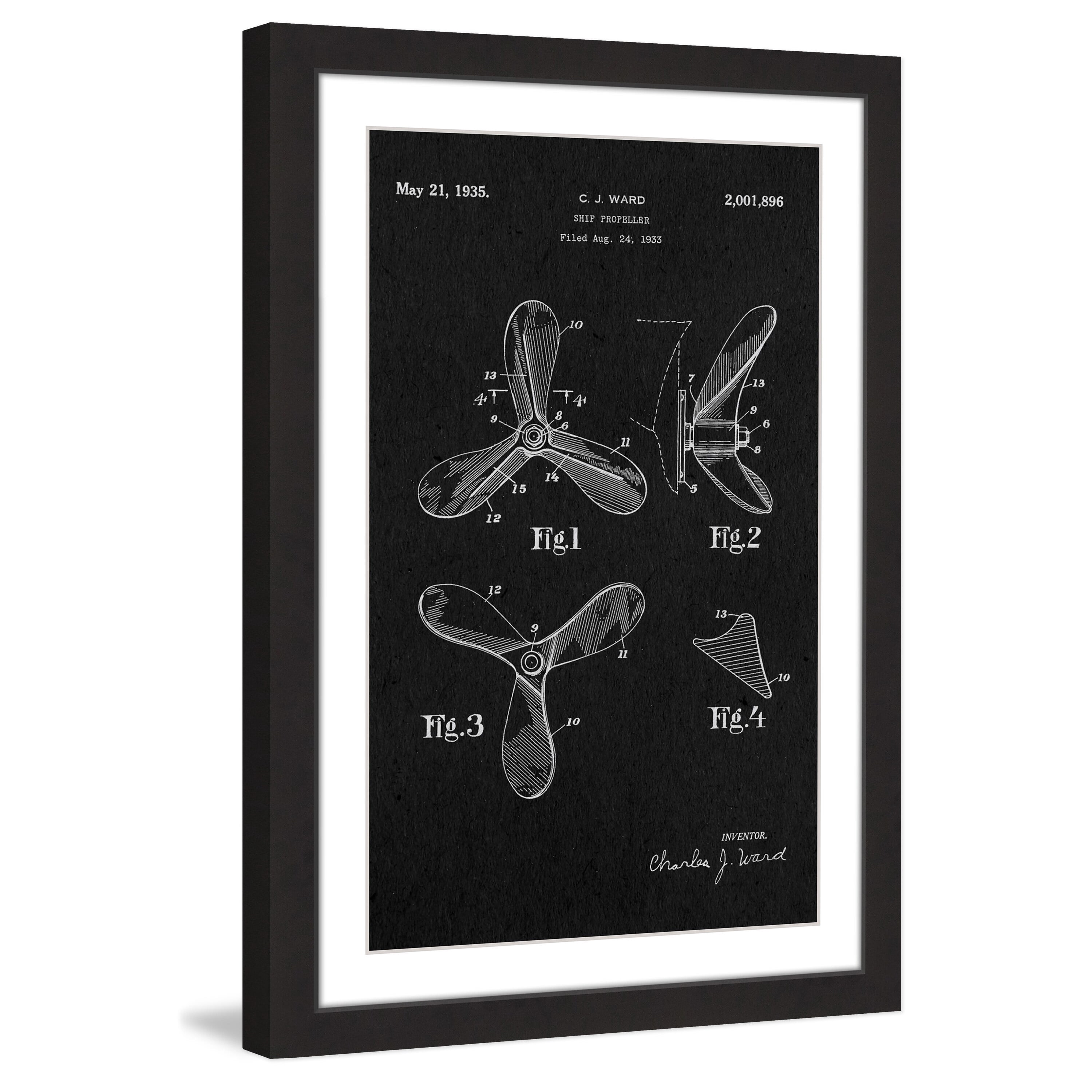"Ship Propeller 1933 Black Paper" Framed Painting Art Print, 16" x 1.5"